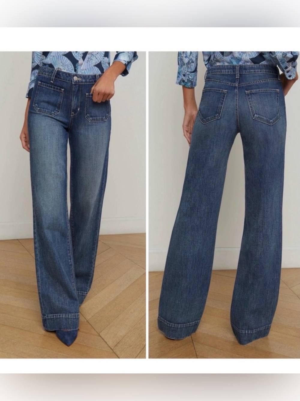 L’Agence Nolan High Rise Wide Leg Jeans Dayton Blue Patch Pockets Sz 28